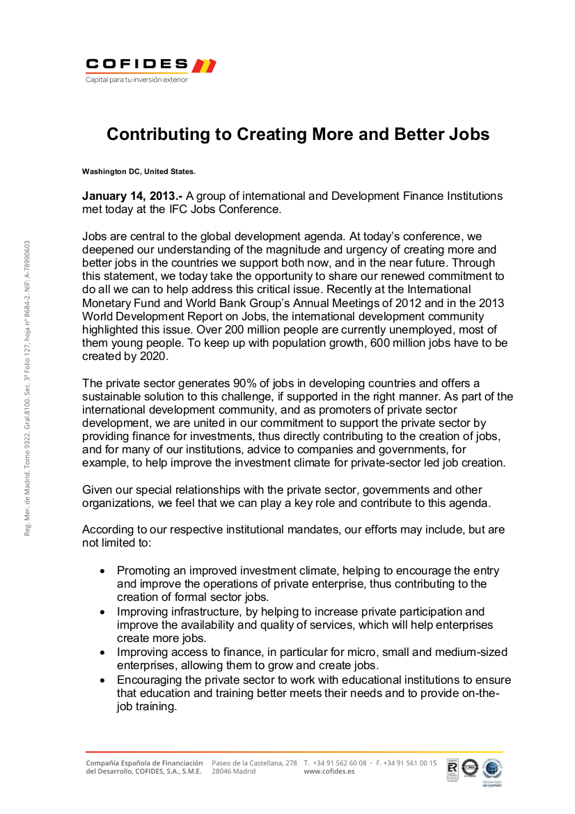 Cover page of the Contributing to Creating More and Better Jobs Statement