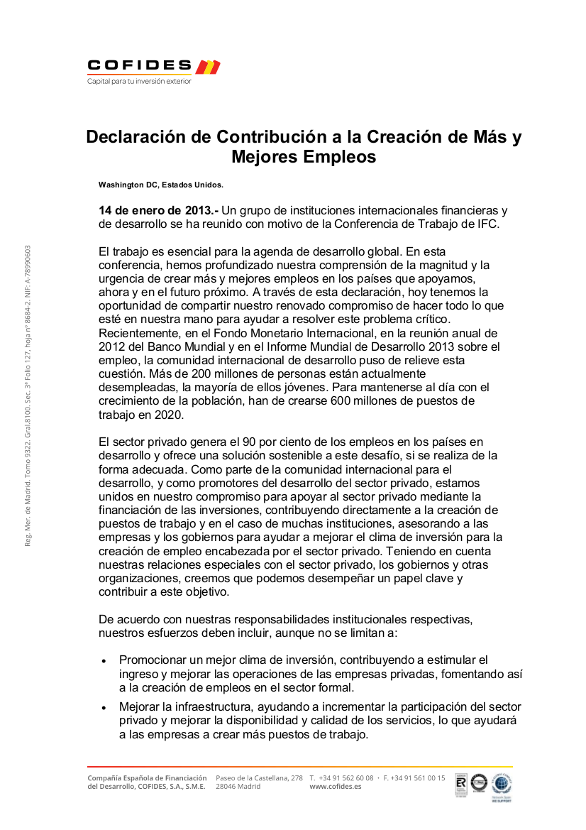 Portada de la Declaración de Contribución a la Creación de Más y Mejores Empleos
