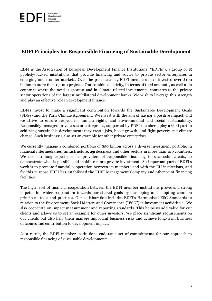 Imagen de la portada del documento 'Declaración de Principios de Financiación Responsable de Desarrollo Sostenible'