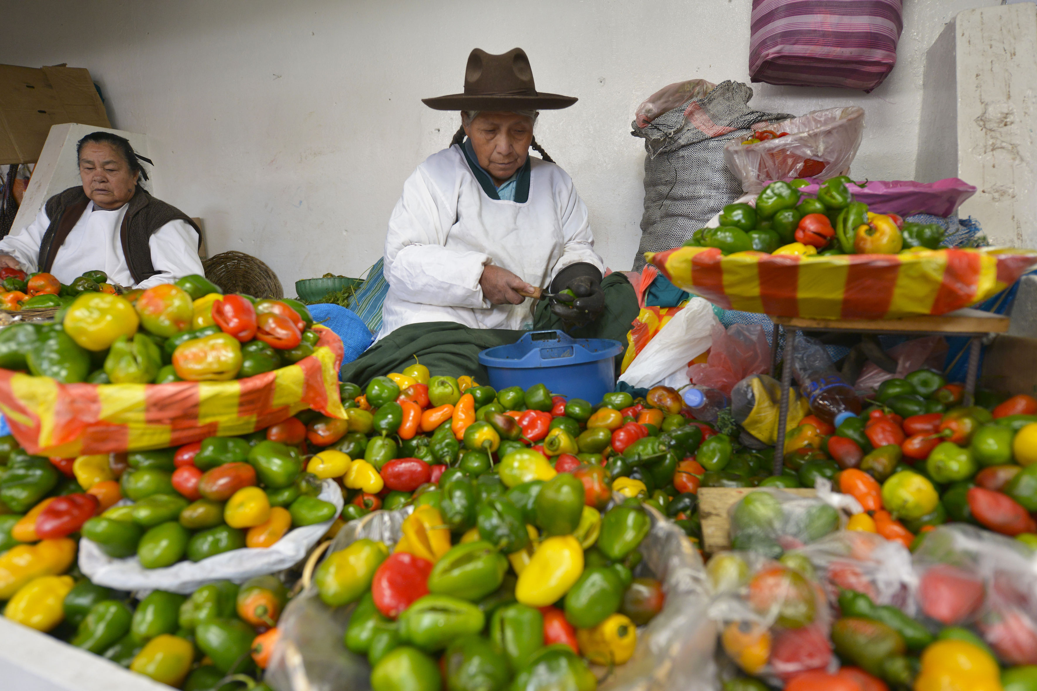 Imagen de agricultores latinoamericanos en un mercado