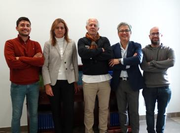 Image of the formalisation of Reby's project. From left to right, Juan Francisco Sánchez, CEO of Reby; Ana Cebrián, director of COFIDES' Internationalization Area; Juan Andrés García, CFO of Reby; Miguel Ángel Ladero, director of COFIDES' Investment Department; and Jordi Collell, Reby's Vice President of Expansion and Communication