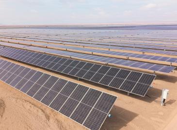 Campo fotovoltaico con paneles solares en suelo árido.