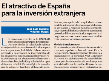 Imagen del artículo de José Luis Curbelo y Rafael Matos 'El atractivo de España para la inversión extranjera' publicado en Expasión 