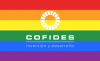 Imagen del logotipo de COFIDES sobre la bandera LGTBI